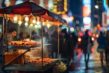 Poster - American Hot Dog Cart on Busy Street