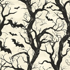 Wall Mural - Bats and Spooky Trees: A pattern featuring flying bat