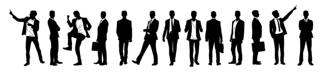 Wall Mural - Silhouettes of Businessman character in different poses. Man standing, walking, pointing, with briefcase, front, back, side view. Vector black monochrome illustrations on transparent background.