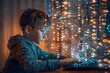 © Olsek - Young boy with glasses using laptop surrounded by digital particles. Modern tech. Learning and discovering. AI artwork highlighting future and innovation. Generative AI