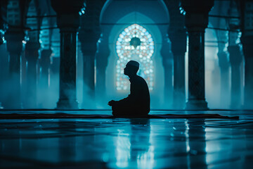 Wall Mural - Silhouette photo of a Muslim praying in a mystical environment with no face visible, color grading, and an Islamic religion concept.