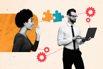 Poster - Composite artwork collage image picture of people speak puzzle pieces cogwheel laptop isolated on creative background