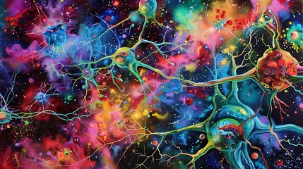 Poster - A vibrant and intricate web of interconnected neural pathways symbolizing artistic creativity, with bright colors and abstract forms