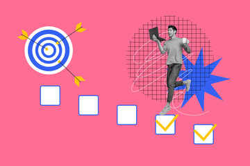Poster - Composite collage image of funny young man achieve goal start up ceo darts board marketing strategy fantasy billboard comics zine minimal