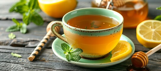 Sticker - Photo of a cup with peppermint tea on wooden table