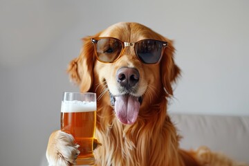 Canvas Print - Portrait of a Golden Retriever wearing sunglasses and holding a glass of beer