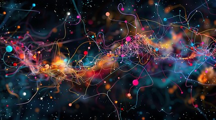 Poster - Artistic interpretation of a brain's neural connections using colorful lines and dots, showcasing a network of ideas and creativity