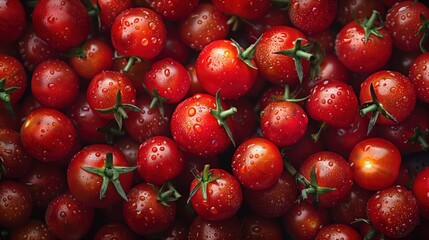 Wall Mural - Juicy red cherry tomatoes on a vine shot from above