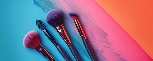 Wall Mural - Makeup brushes lying on a colorful blue and orange background with brushstrokes