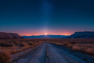 Sticker - Zodiacal Light Beaming Over a Tranquil Desert at Evening: Mystical Light Illuminating a Peaceful Desert Landscape at Dusk