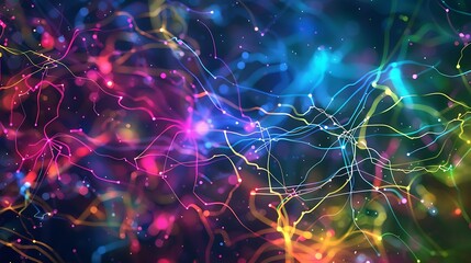 Poster - Artistic interpretation of a brain's neural connections using colorful lines and dots, showcasing a network of ideas and creativity
