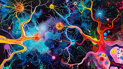 Poster - Creative depiction of neural pathways with vibrant colors and intricate designs, representing the fusion of art and neural connections