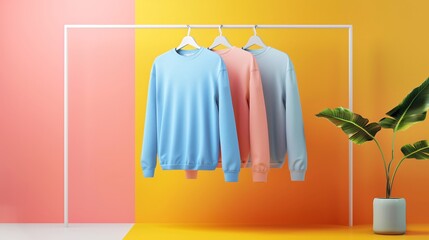 Wall Mural - Three pastel-colored sweatshirts hanging on a minimalist clothes rack