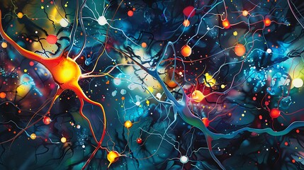 Poster - Dynamic visualization of interconnected neurons with artistic flair, featuring various colors and abstract patterns