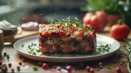 Canvas Print - a piece of meat on a plate with herbs and tomatoes