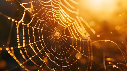 Golden Spiderweb with Dewdrops in Sunlight