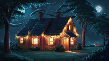 Sticker - A painting of a small house with lights on at night, AI