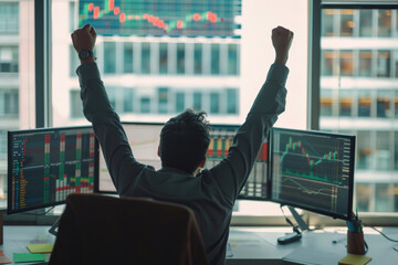 Poster - Successful stock market trader raising his arms in front of multiple computer screens showing charts