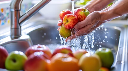 Wall Mural - Woman washing fresh apples and pears in kitchen sink