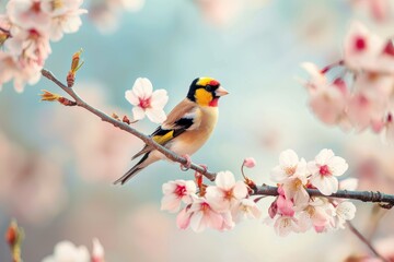 Naklejka na meble A charming image of a European goldfinch perched on a blooming cherry tree branch.