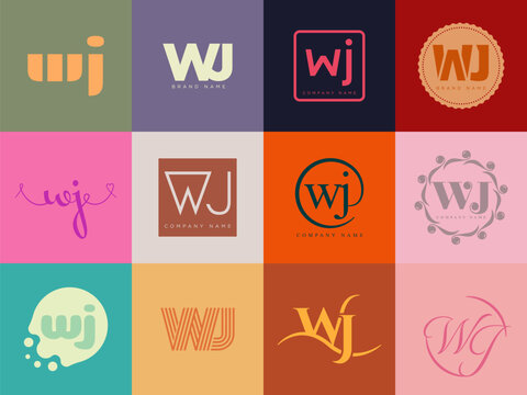 WJ logo company template. Letter w and j logotype. Set different classic serif lettering and modern bold text with design elements. Initial font typography.