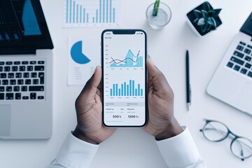 Poster - Professional setting with a smartphone displaying new social media analytics