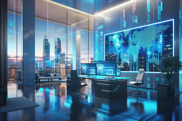 Poster - Futuristic office space displaying world map and data analysis on transparent digital screens, suggesting global business connections and technological advancement