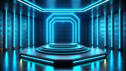 A 3D podium with a vibrant neon blue glow, set against a dark, futuristic room with LED lighting and abstract shapes, creating a dynamic and modern stage for a product showcase.