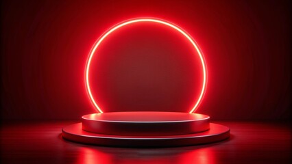 A circular red neon podium with a halo effect, set against a dark, illuminated backdrop with minimalistic design elements, ideal for a modern and stylish presentation.