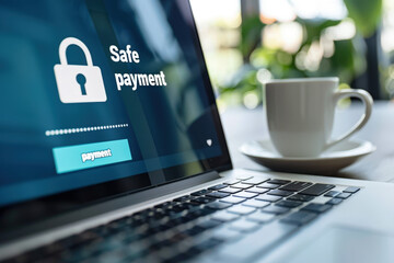Poster - Secure online payment concept with a laptop showing a safe payment screen and a padlock icon