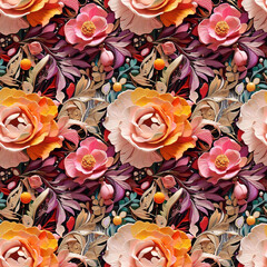 3D flowers, chrysanthemums, peonies, seamless pattern, background.