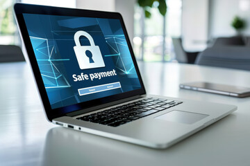 Poster - Laptop displaying a safe payment screen with a padlock icon, suggesting secure online transactions in a professional setting