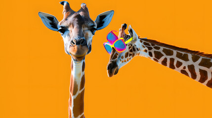 Wall Mural - Cool, curious giraffe wearing a colorful sunglasses looks funny into the camera, isolated on yellow background.