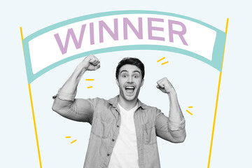 Canvas Print - Creative poster collage young man winner competition celebrate success leader motivation achieve goal aim target drawing background