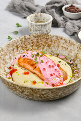 Wall Mural - Salmon Steak with Mashed Potatoes and Caviar Sauce - Gourmet Seafood Dish