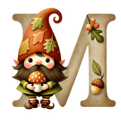 autumn alphabet with gnome, A charming and whimsical watercolor illustration of the letter A-Z designed for nursery art. The letter is adorned with an autumn gnome.