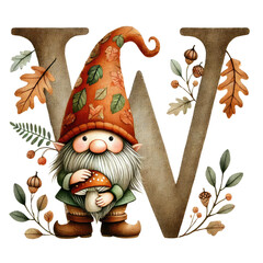 autumn alphabet with gnome, A charming and whimsical watercolor illustration of the letter A-Z designed for nursery art. The letter is adorned with an autumn gnome.