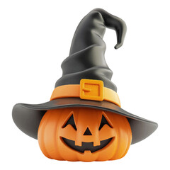 Wall Mural - Pumpkin wearing a 3D witch hat in cute Halloween style. Isolated on a white background