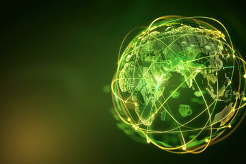 Poster - Green planet earth globe rotating with data connections flowing representing global business and communications