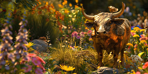 Flourishing Financial Garden: A lush, green garden with blooming flowers and a small golden statuette of a bull.