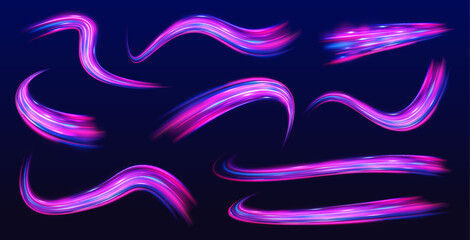 Poster - A large set of low-poly designs made of thin lines in the form of branches, spirals and arcs. Expressway, car headlight effect. Speed connection vector background.	