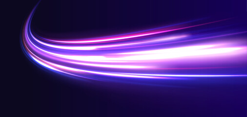 Poster - Particle motion light effect. Abstract fire flare trace lens flares. Long exposure of motorways as speed. Night motorway with light effects in neon colors purple.	