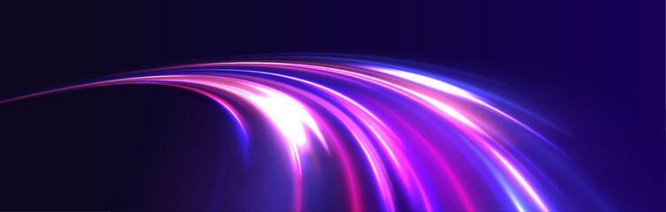 Aufkleber - Abstract energy in the form of stripe, arc, curl and zigzag in neon colors with light effect. и Acceleration speed motion on night road. Bright sparkling background.	