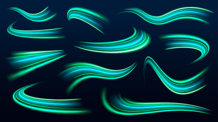Neon green swirls abstract speed line. Light and stripes moving fast over dark background. Concept of leading in business, Hi tech products, warp speed wormhole science vector design.