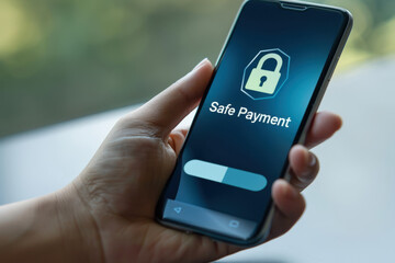Poster - Hand holding a smartphone with a safe payment interface on the screen, ensuring secure transactions
