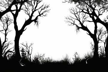 Silhouette Frame. Forest Frame with Trees, Shrubs, and Snags in Horizontal Illustration