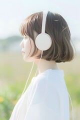 Wall Mural - Cute asian girl model a white shirt and headphones, Generative AI