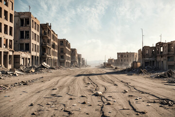 Wall Mural - Post apocalyptic urban scenery image of desert city wasteland, abandoned and destroyed buildings, cracked road. Cityscape of doomsday scene. Global apocalyptic conflict concept. Copy ad text space