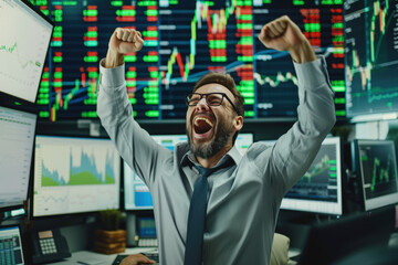 Poster - Stock market broker is screaming of joy raising his arms in front of multiple computer screens displaying stock market charts