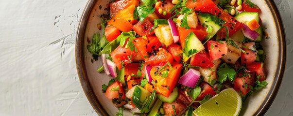 Fresh and vibrant vegetable salad with tomatoes, cucumbers, red onions, and greens, garnished with lime, served in a bowl on a white background.